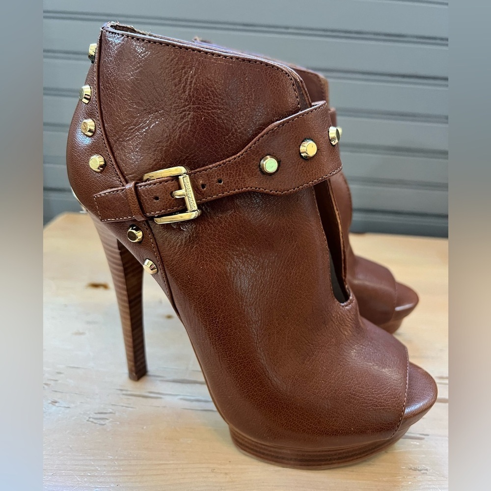 Michael Kors Women Ailee Brown Ankle Boots Size 7 M Open Toe Peep Gold Studded